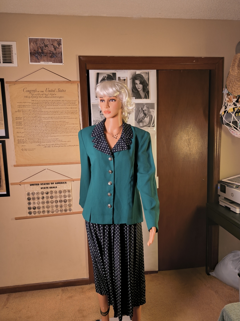 Vintage Leslie Fay teal blazer and navy midi skirt set, women's size 12